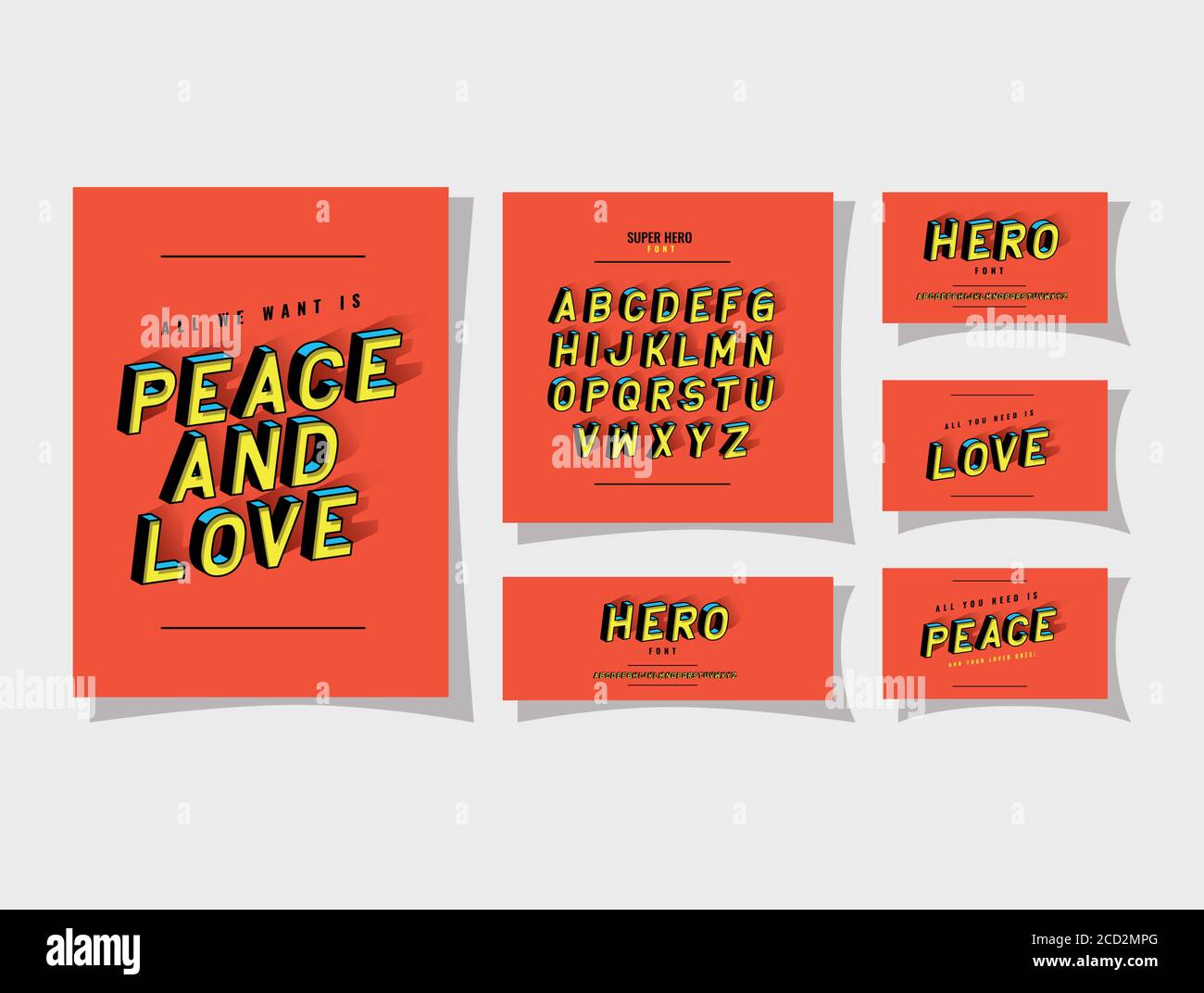 3d Frieden und Liebe Schriftzug und Alphabet auf roten Hintergründen Design, Typografie Retro und Comic-Thema Vektor Illustration Stock Vektor