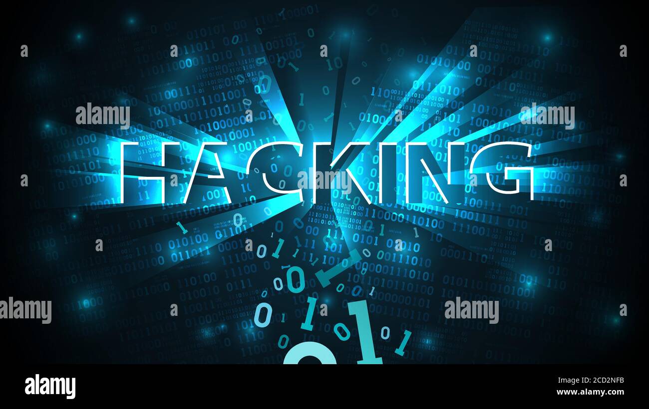 Hacking Hintergrund, abstraktes Hacking-System. Hacker-Angriff, gebrochener fallender Binärcode, Matrix-Hintergrund mit Ziffern, Big Data neuronales Netzwerk, Vektor Stock Vektor