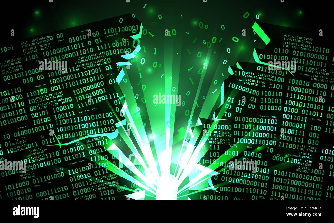 Abstrakt futuristischer Cyberspace mit einem gehackten Array von binären Daten, Explosion mit Lichtstrahlen, aufgeblasenen Binärcode, Matrix-Hintergrund, Cloud-Speicher Stock Vektor