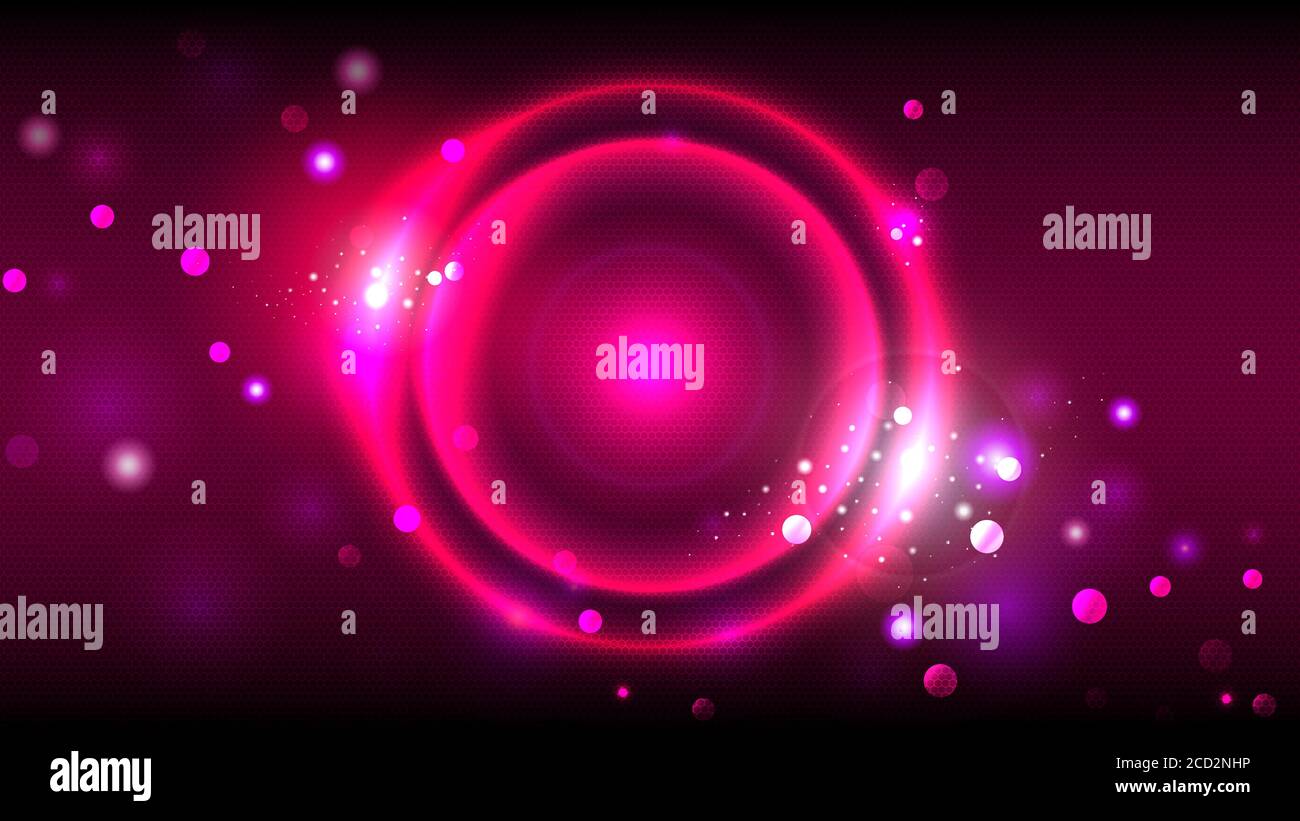 Neon Party rosa Hintergrund, glühende Kreise, abstrakter runder Rahmen auf einem zellulären Hintergrund, Bokeh Stock Vektor