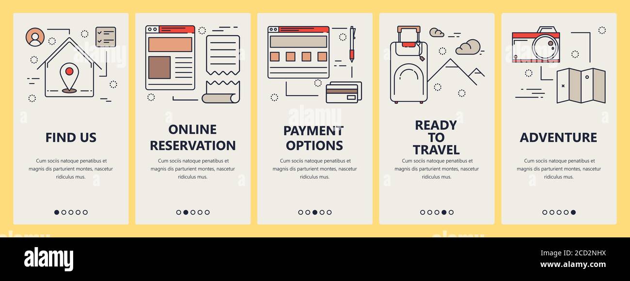 Vector Set von vertikalen Bannern mit Reisekonzeptelementen in linearem Design. Dünne Linie flache Design-Symbole, Symbole für Website-Menü. Stock Vektor