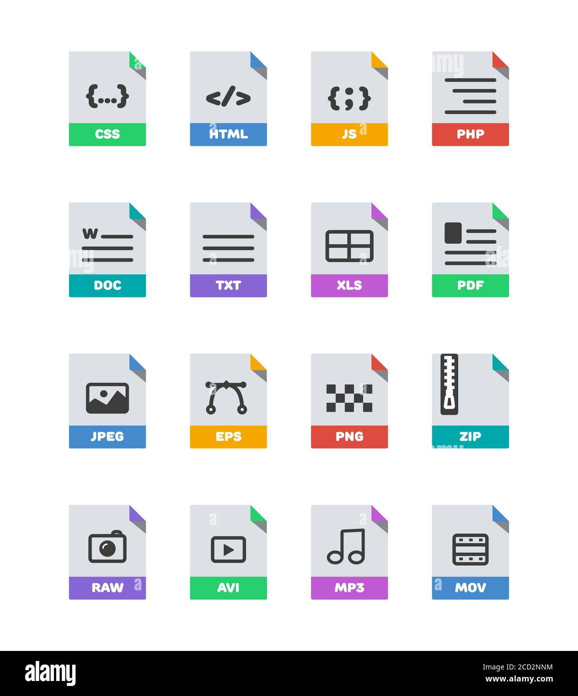 Flache bunte Vektor-Dateiformatsymbole, die isoliert auf weißen, flachen Symbolen für Dokumenttyp eingestellt sind. Dateiformatsymbole mit Bildern. Beschriftungssymbole für das Dateiformat für das Web Stock Vektor