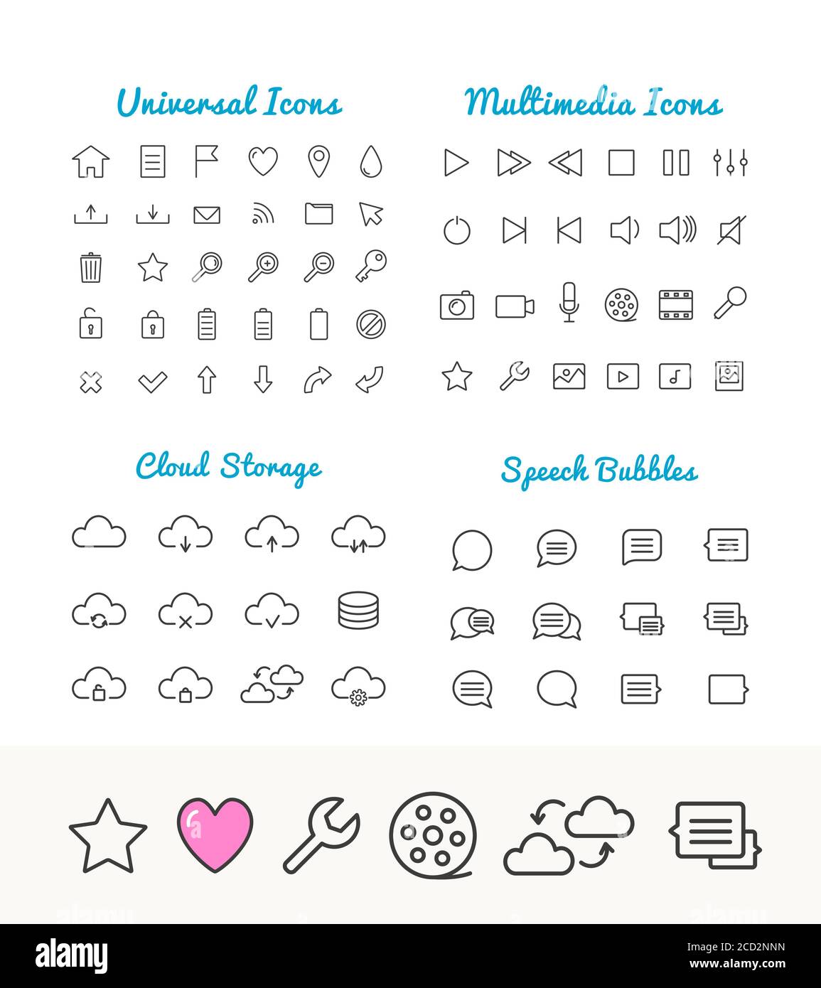 Vektor lineare dünne Symbole für Web- und Anwendungsschnittstelle. Cloud-Speicher, Speech bubles, Multimedia und universelle Web-Icons. App-Symbole eingestellt. Unive Stock Vektor