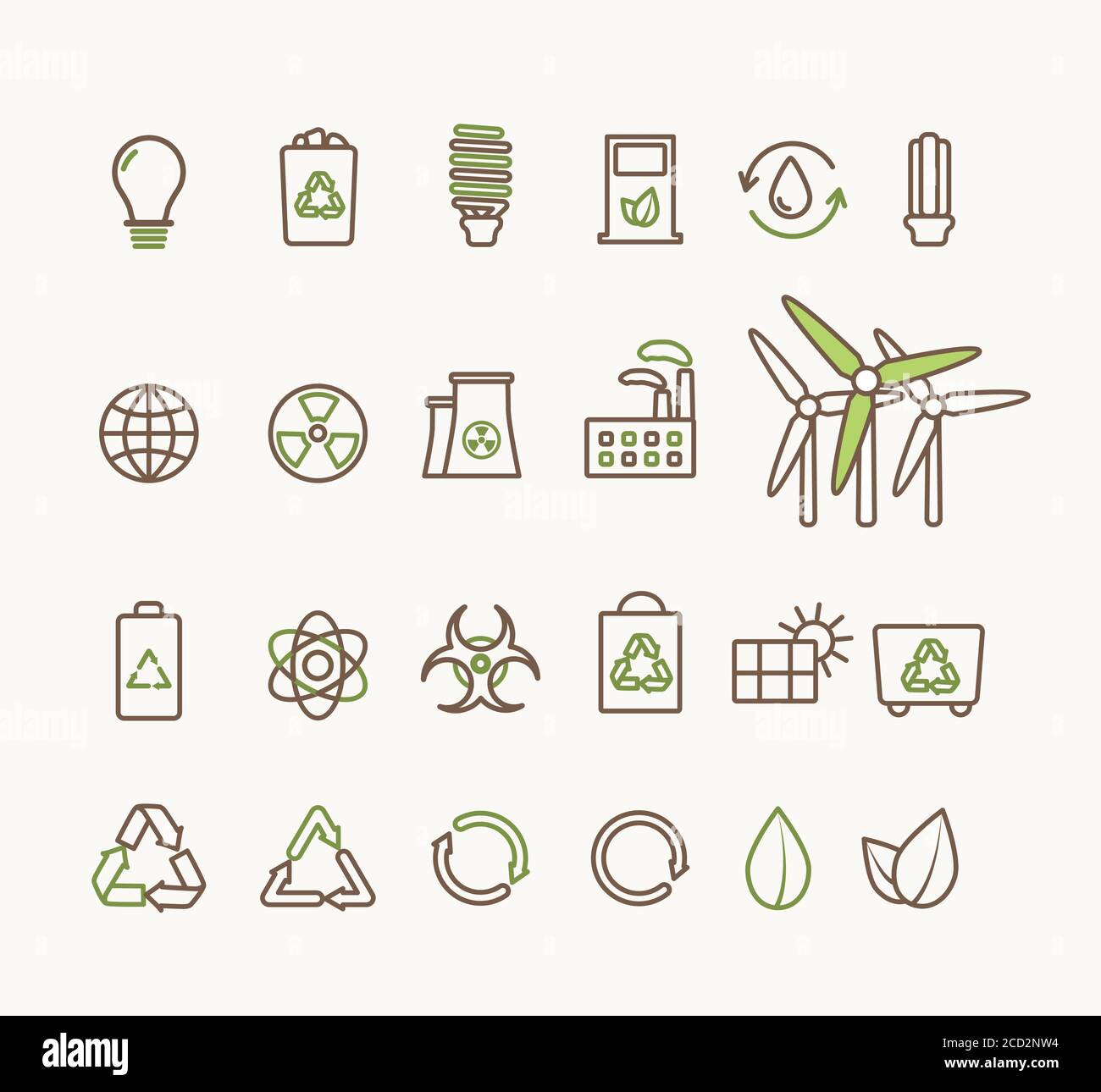 Dünne Linie Vektor ökologische Symbole gesetzt. Symbole für Umwelt, Recycling, erneuerbare Energien, Natur. Ökologische Ikonen Sammlung isoliert, Öko-Ikonen Stock Vektor