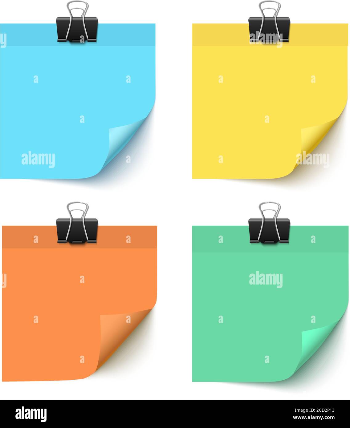 Satz von post it Notizen isoliert auf weißem Hintergrund, Vektor realistische Illustration. Bunte Post it Papierstücke mit Büroklammern. Papiererinnerungen mit Stock Vektor