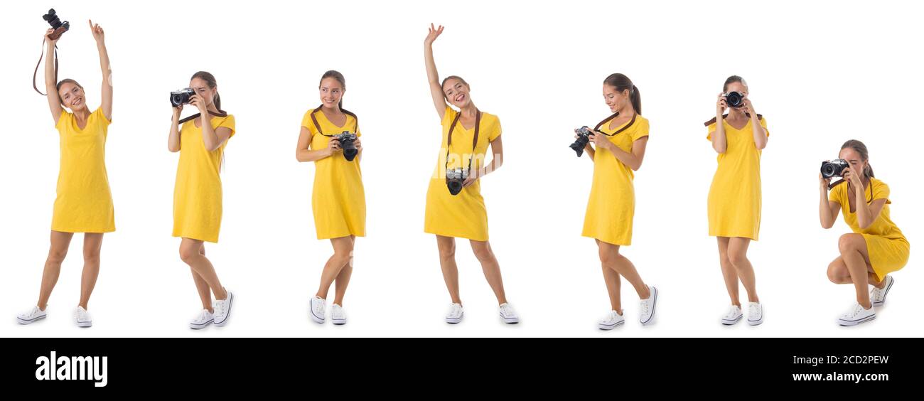 Set von in voller Länge Porträts von jungen schönen Fotografen Mädchen Mit der Kamera auf weißem Hintergrund isoliert Stockfoto