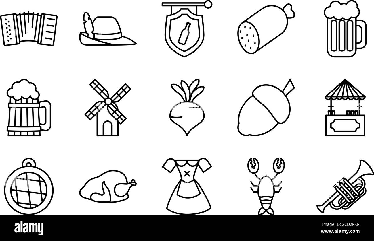 Icon Set von oktoberfest und Trompete auf weißem Hintergrund, Linienstil, Vektor-Illustration Stock Vektor