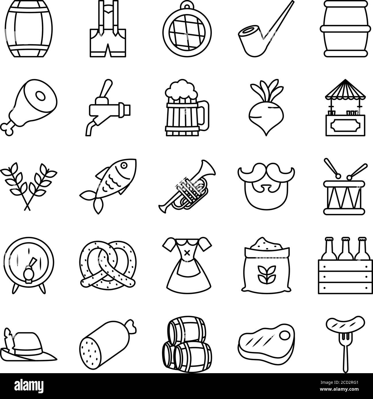 Icon Set von Bierfässern und oktoberfest auf weißem Hintergrund, Linienstil, Vektor-Illustration Stock Vektor