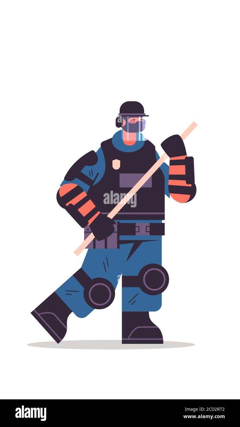 Polizist in voller taktischer Ausrüstung mit Schlagstock Krawalle Polizeioffizier Demonstranten und Demonstrationen Kontrolle Konzept volle Länge vertikalen Vektor Illustration Stock Vektor