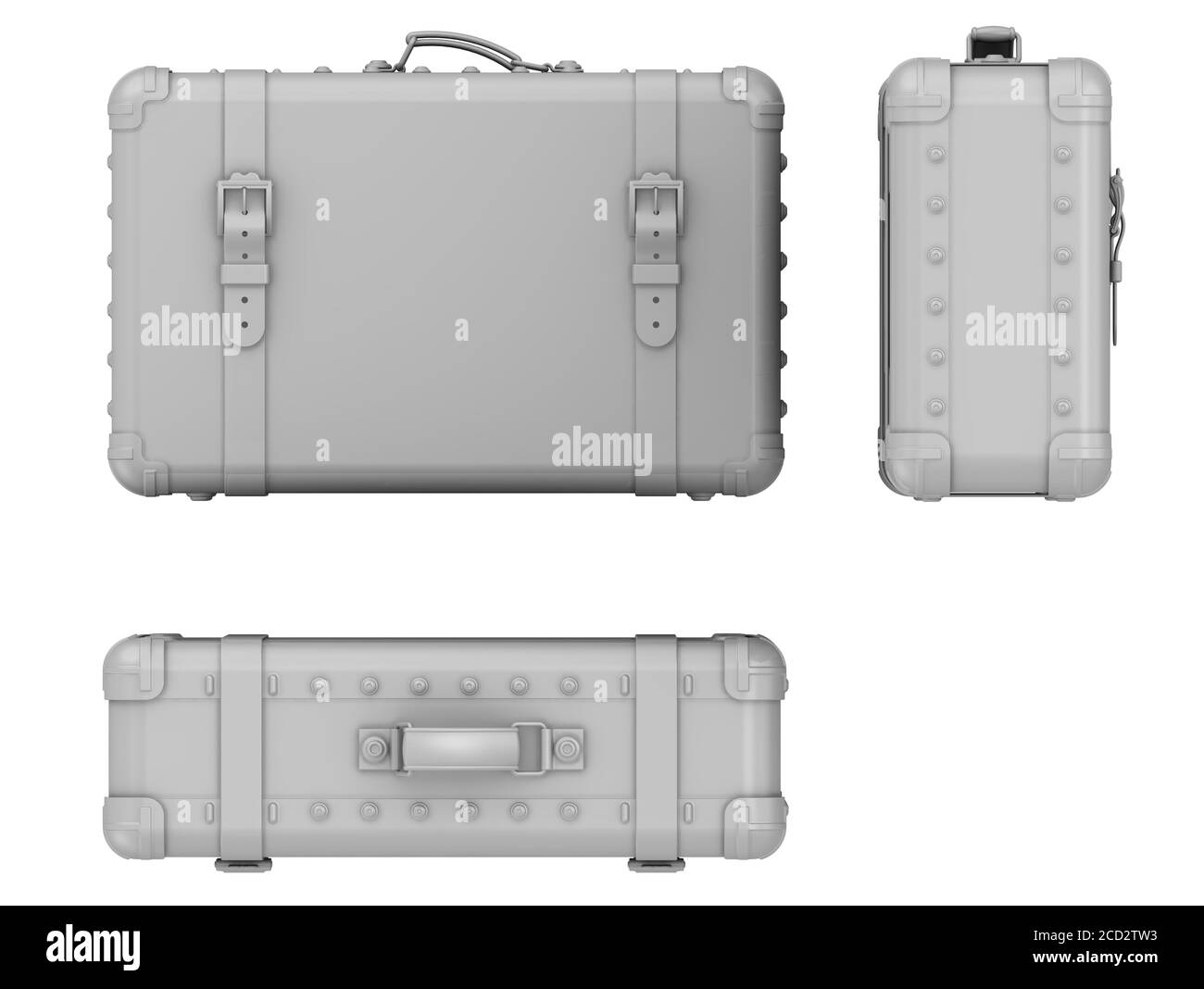 Projektionsansichten eines grauen geschlossenen Koffers. Isoliert. 3D-Illustration Stockfoto