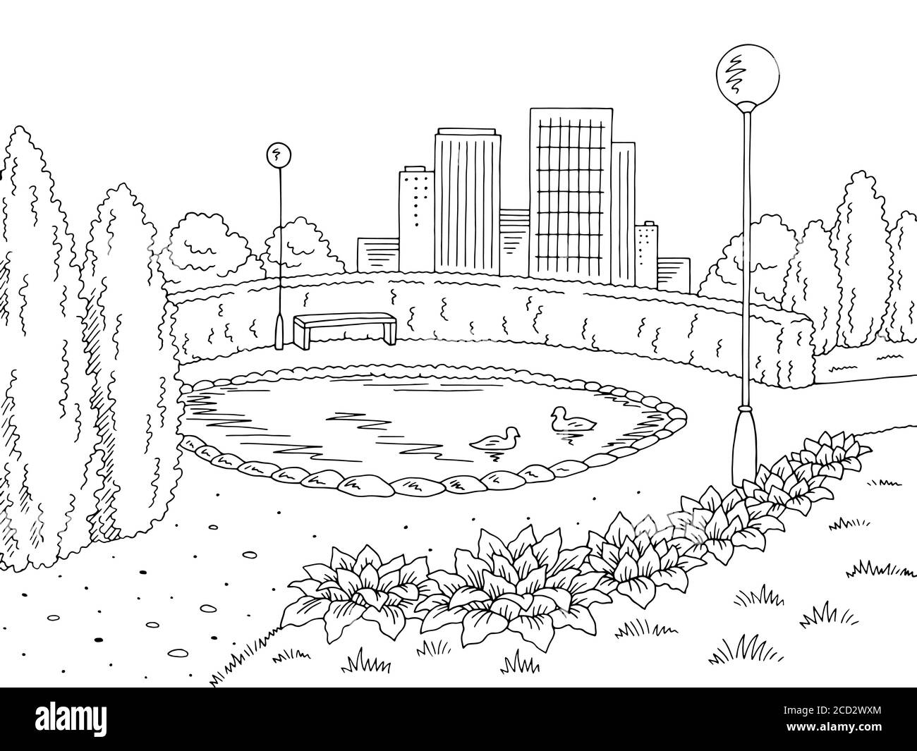 Park Teich Grafik schwarz weiß Landschaft Skizze Illustration Vektor Stock Vektor