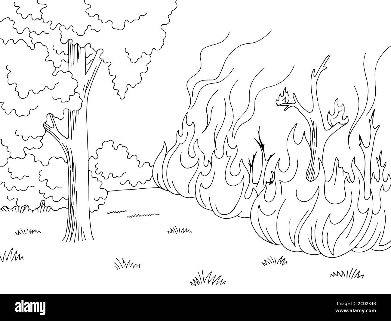 Wildfire Grafik schwarz weiß Wald Feuer Landschaft Skizze Illustration Vektor Stock Vektor