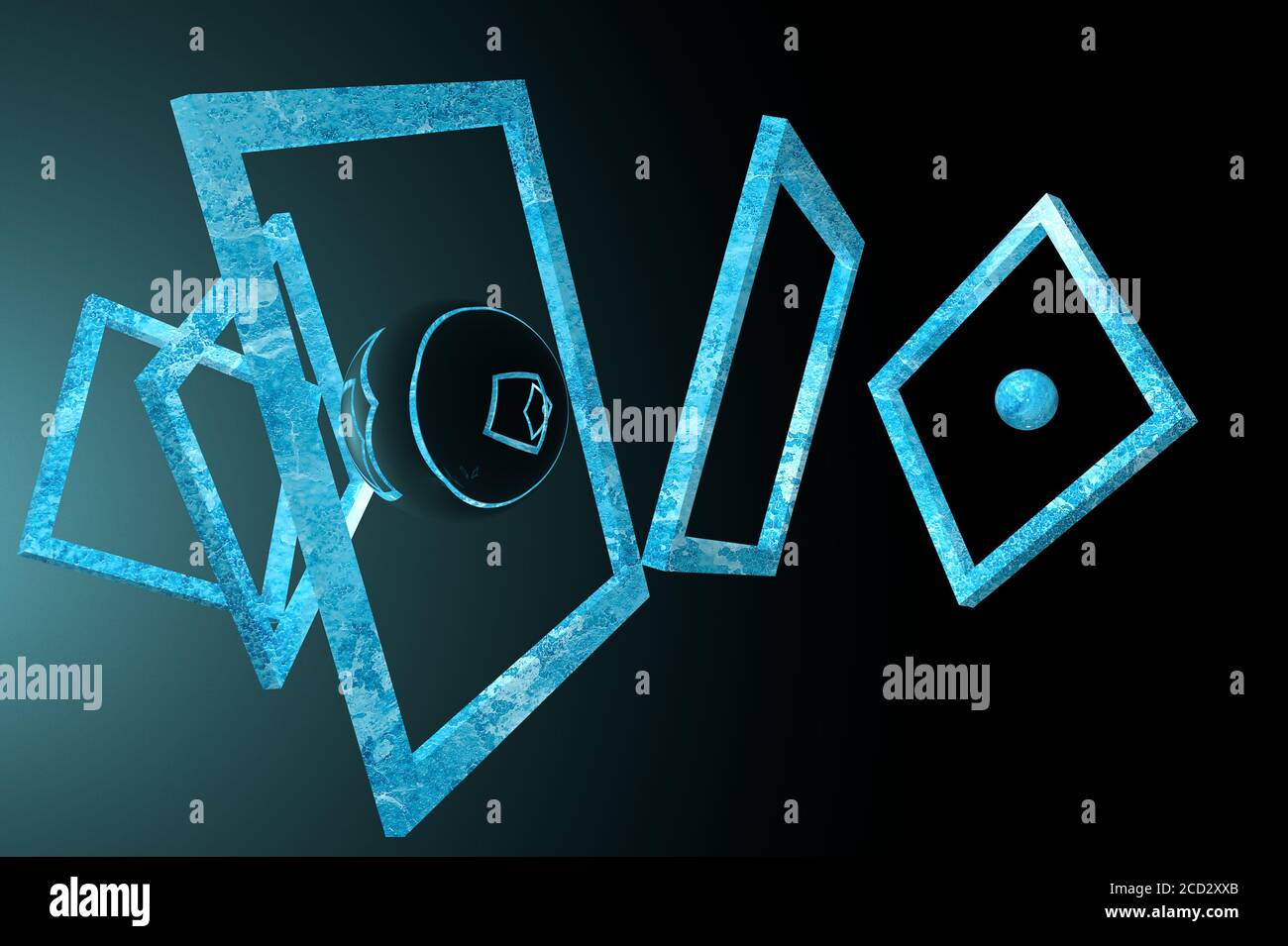3D geometrische Figuren aus Rahmen und Kugeln, die in chaotischer Weise in einem dunklen Raum hängen. Abstraktheit und Absurdität dessen, was geschieht Stockfoto