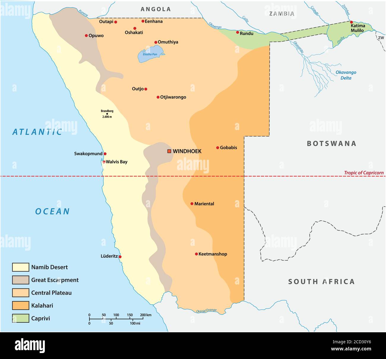 Geographische Vektorkarte der fünf Naturgebiete Namibias Stock Vektor