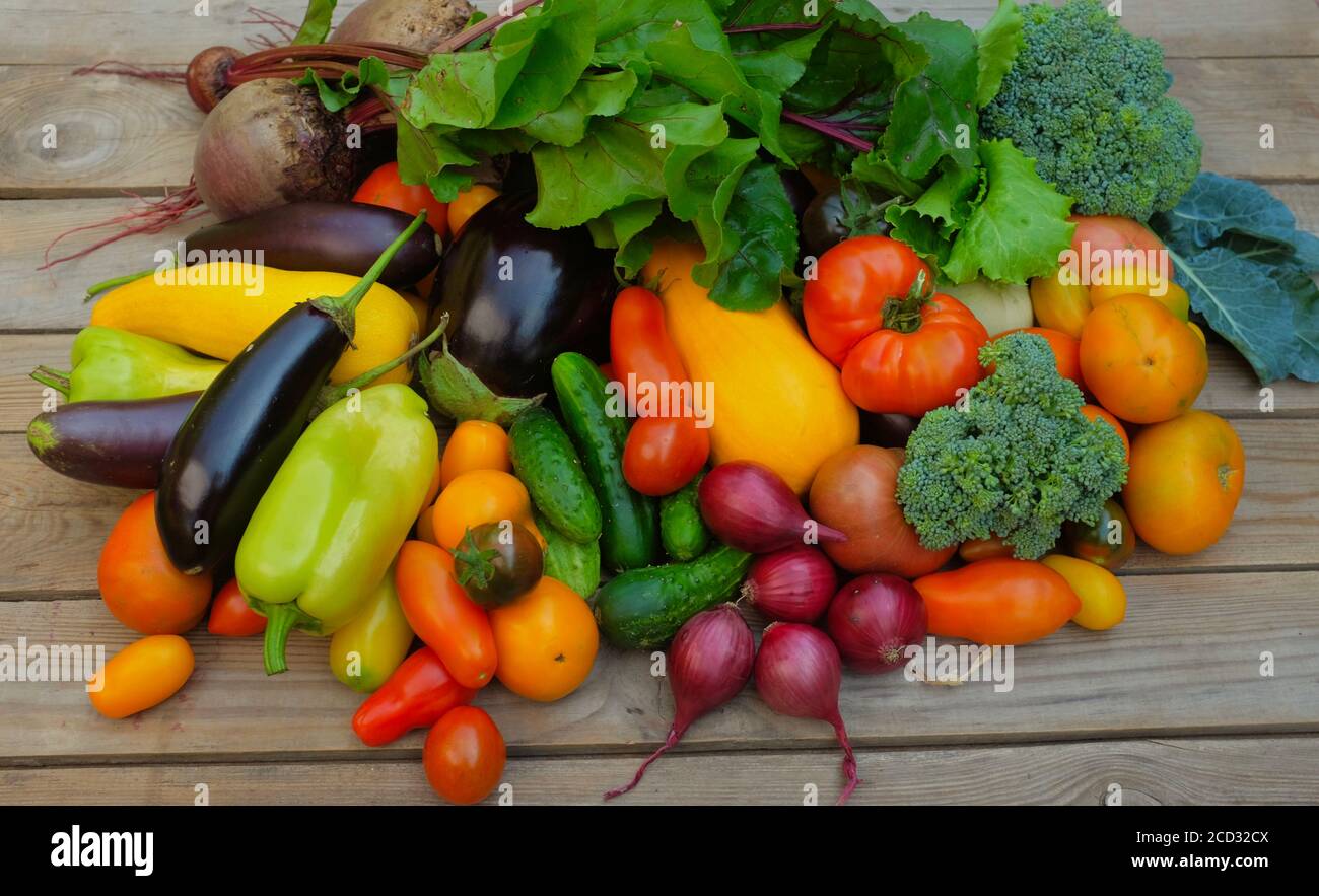 Viele verschiedene bunte Gemüse auf einem hölzernen Hintergrund. Konzept für Ernte und Sommersaison. Stockfoto