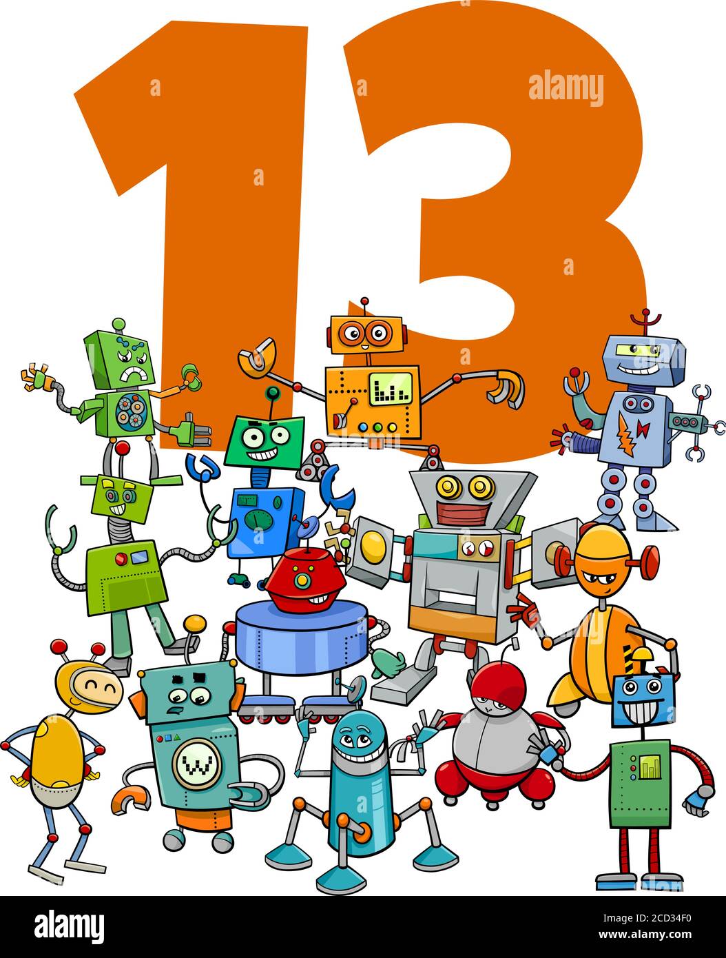 Cartoon Illustration der Zahl dreizehn mit Lustige Roboter Fantasy-Charaktere Gruppe Stock Vektor