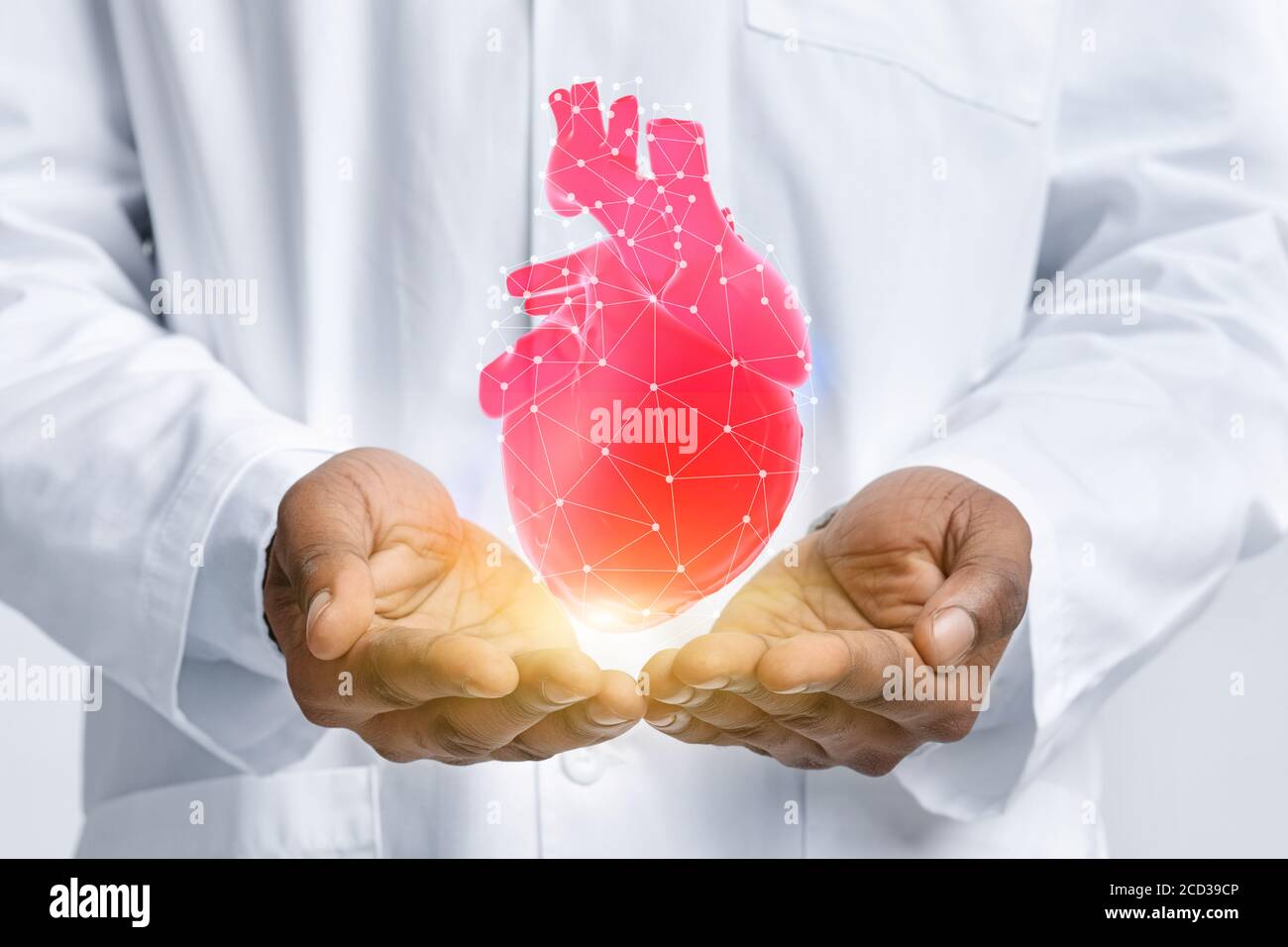 Illustration des schwarzen Arztes im Mantel hält virtuelles Herz Stockfoto
