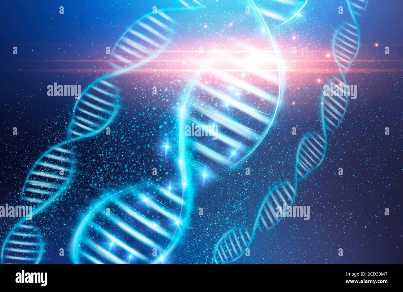 Konzept des genetischen Codes. Drei DNA-Molekül Spiralen auf blauem Hintergrund, Illustration Stockfoto
