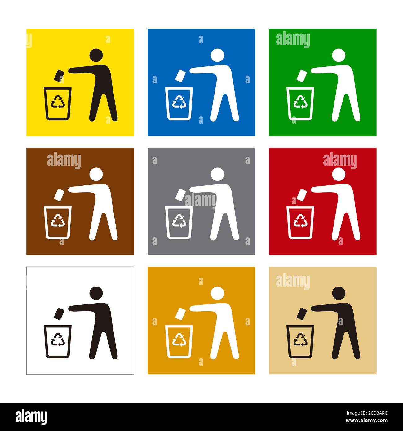 Recycling von Behältern in verschiedenen Farben. Symbole für Produktetiketten, um sie korrekt zu recyceln. Stock Vektor