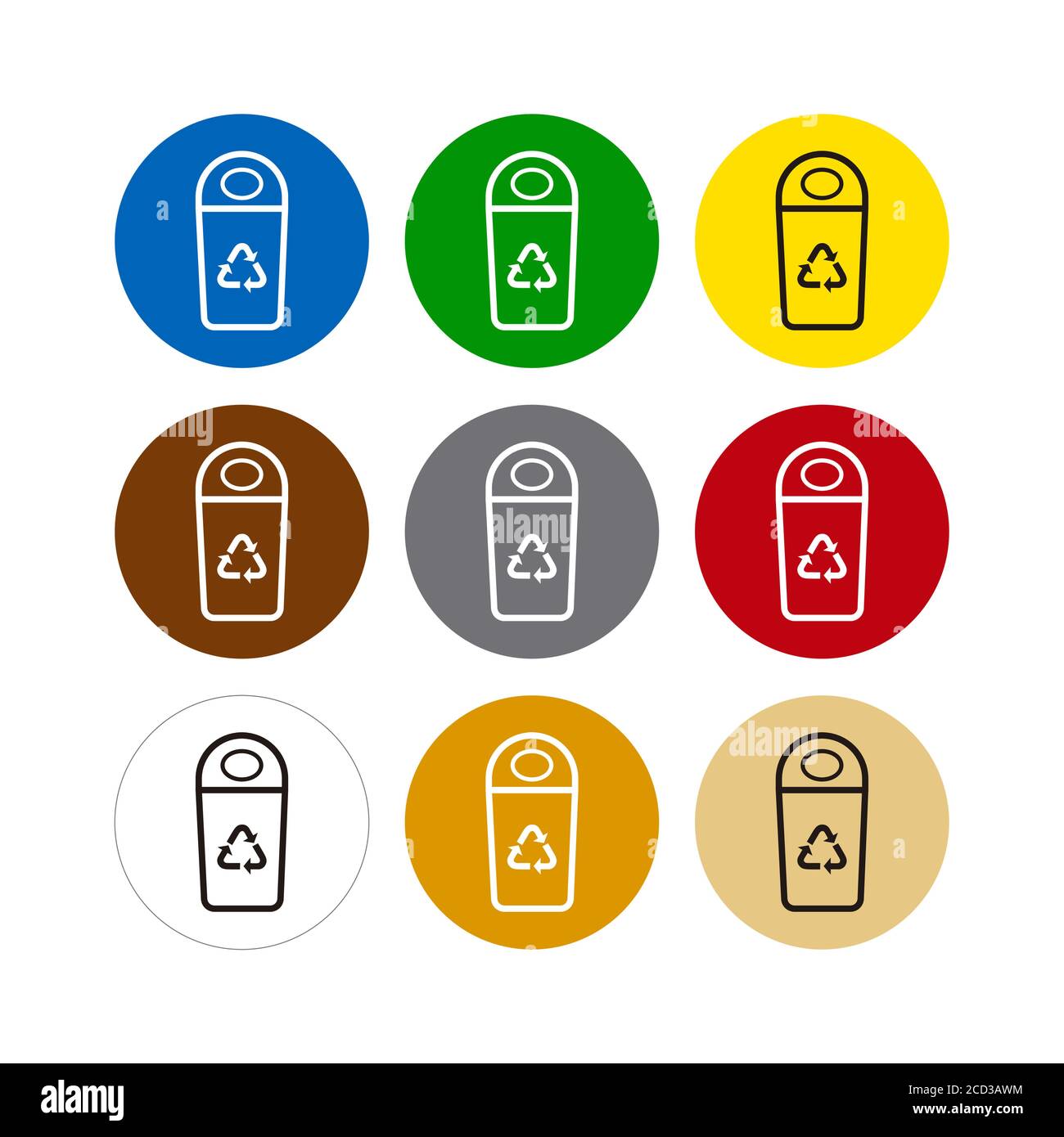 Recycling von Behältern in verschiedenen Farben. Symbole für Produktetiketten, um sie korrekt zu recyceln. Stock Vektor