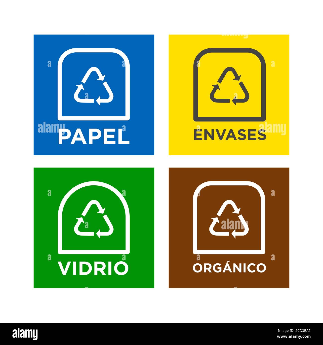 Informationssymbole für Produktetiketten zum Recycling. Symbole für Papier, Glas, Verpackungen und organisches Recycling in spanischer Sprache. Stock Vektor