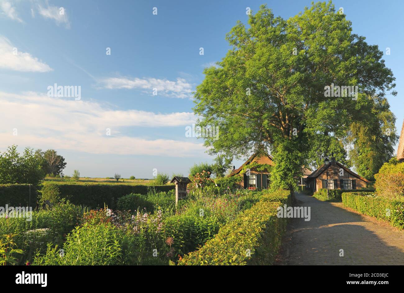 Malerische Häuser und Gärten, Informationszentrum Overijssel, Niederlande, Overijssel, Nationalpark Weerribben-Wieden Stockfoto