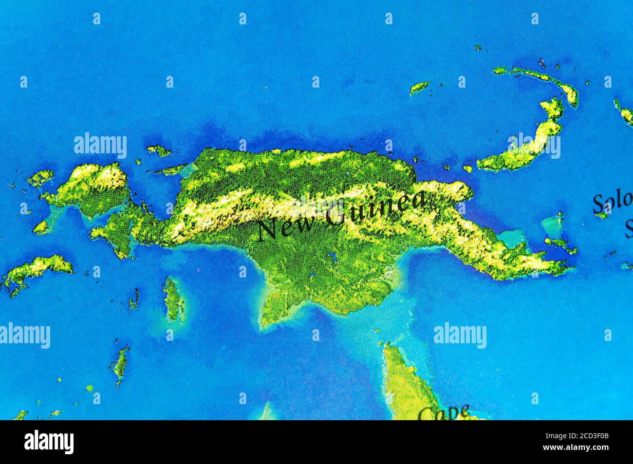 Geographische Karte der Insel Neuguinea mit wichtigen Städten Stockfoto