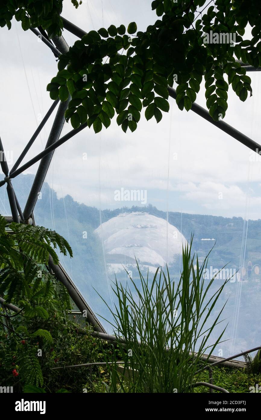 Der Ethylene Tetrafluorothylen-Film, der das Regenwald-Biom im Eden-Projektkomplex in Cornwall abdeckt. Stockfoto