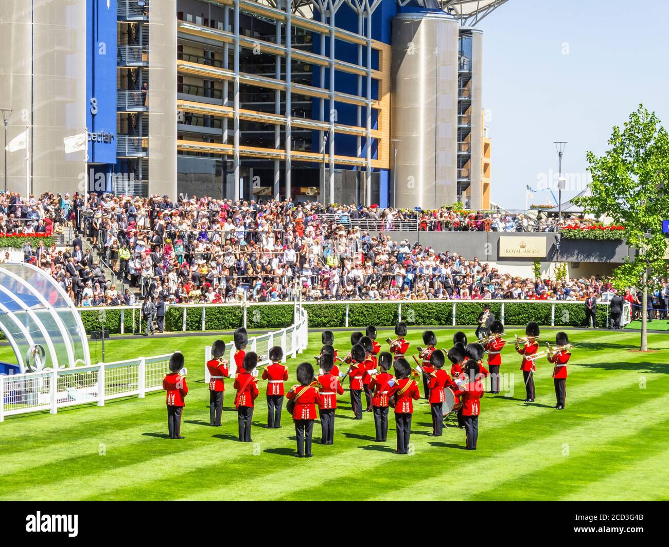 Guardmen in roten Uniformen spielen im Parade Ring und unterhalten die Menge während Royal Ascot, Ascot Racecourse, Ascot Berkshire Stockfoto
