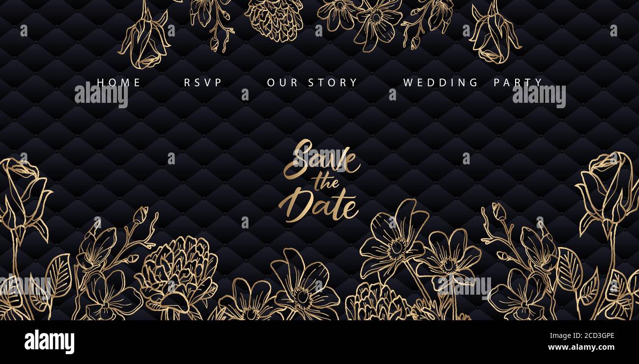 Golden elegante Hochzeit Landing Page Vorlage mit blauen Polsterhintergrund. Stock Vektor