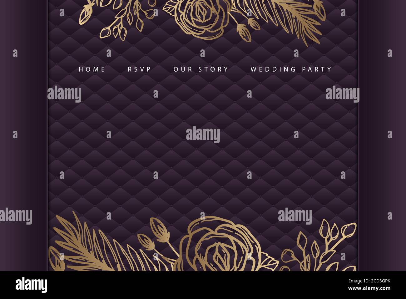 Golden elegante Hochzeit Landing Page Vorlage mit Polsterhintergrund. Stock Vektor