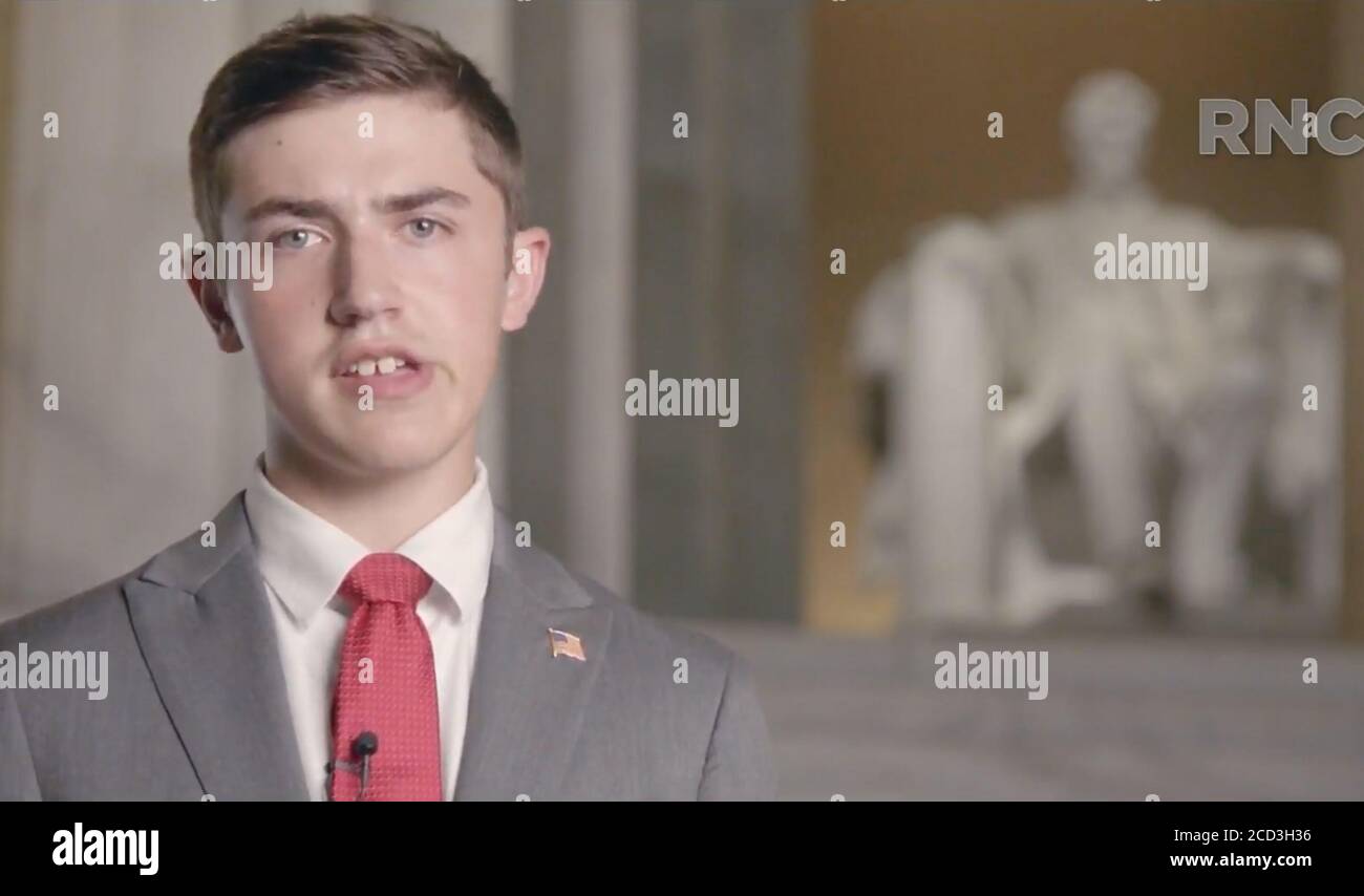 In diesem Bild aus dem Video-Feed der Republikanischen Nationalversammlung macht Nicholas Sandmann, of Independence, Kentucky, ein Student der Covington Catholic High School, Bemerkungen während des ersten Tages der Konvention am Dienstag, 25. August 2020.Quelle: Republikanische Nationalversammlung über CNP /MediaPunch Stockfoto