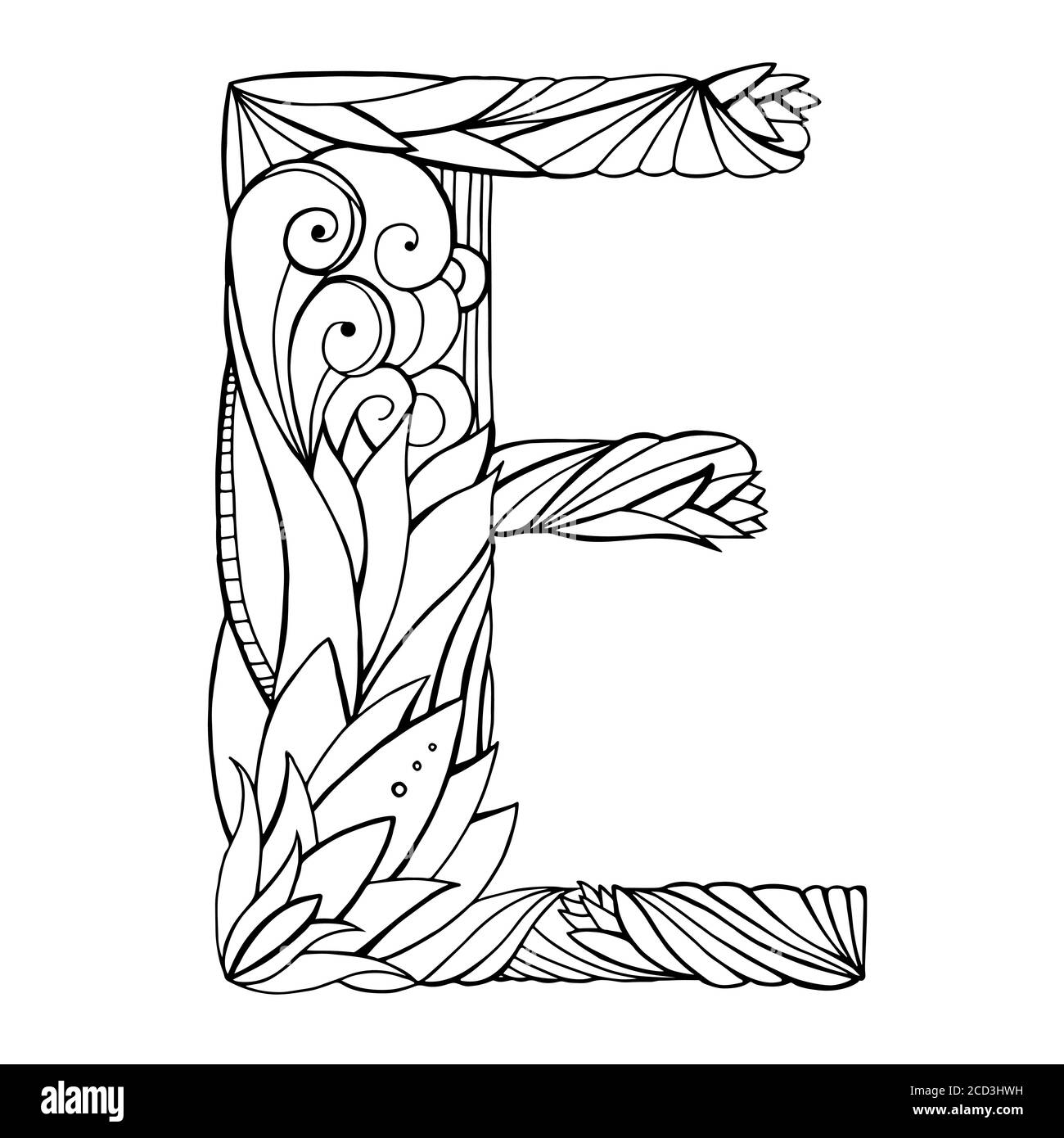 Schwarz-weiße Freihandzeichnung Großbuchstabe E mit floralem Doodle-Muster. Vektorelement für Ihr Design Stock Vektor