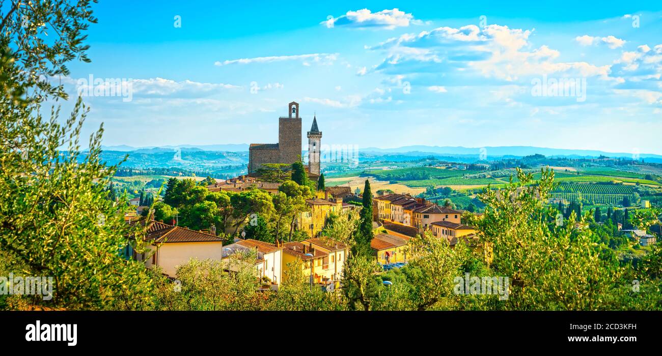 Vinci Panoramablick, Leonardo Geburtsort, Dorf Skyline. Florenz, Toskana Italien Europa. Stockfoto