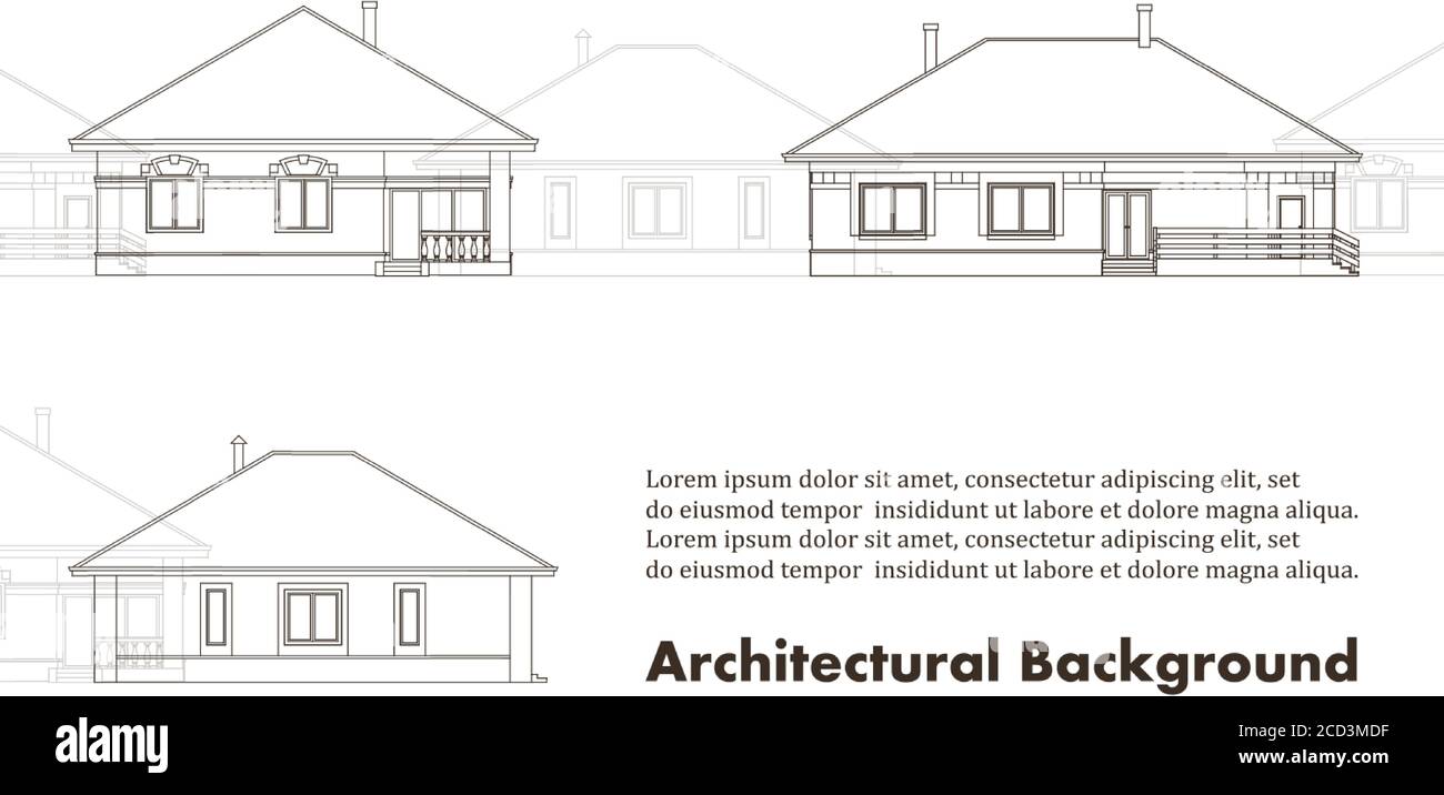 Architektonischer Hintergrund mit Fassaden von Häusern. Die Zeichnung der Hütten. Isoliert auf weißem Hintergrund. Vektorgrafik Schwarzweiß EPS10 Stock Vektor