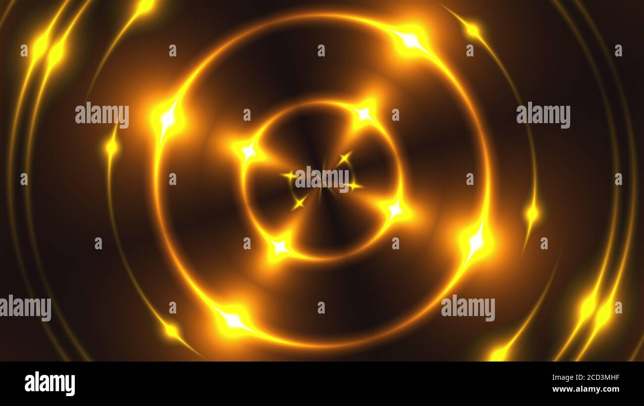3d-Rendering von Gold fraktalen Lichtern mit leuchtenden Effekten. Computergenerierter abstrakter Hintergrund flackernder Ringe. Stockfoto