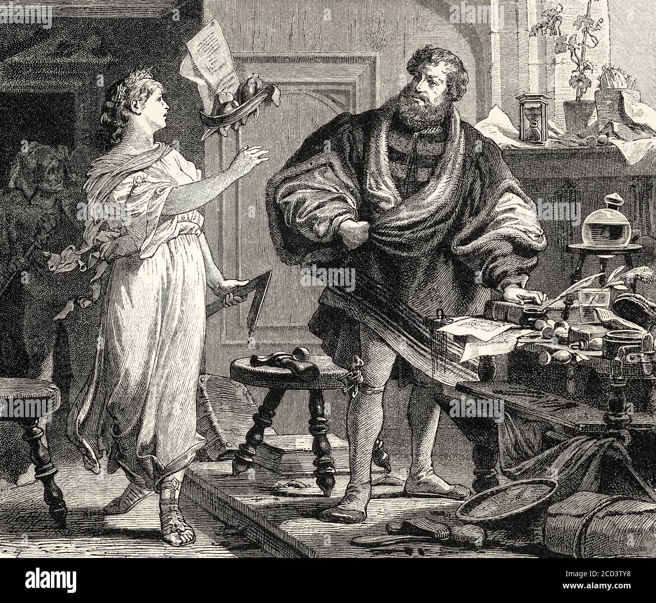 ERKLÄRUNG EINES ALTEN HOLZSCHNITTS, DER HANS SACHS’ POETISCHE MISSION darstellt, Gedicht von Johann Wolfgang von Goethe Stockfoto