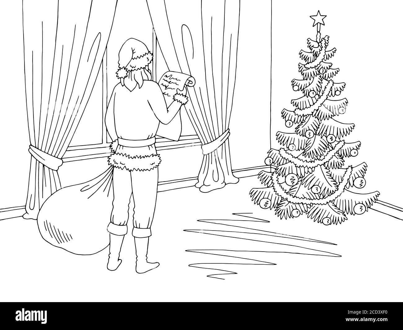Weihnachtsmann liest eine Liste von Geschenken. Wohnzimmer Grafik schwarz weiß Interieur Skizze Illustration Vektor Stock Vektor