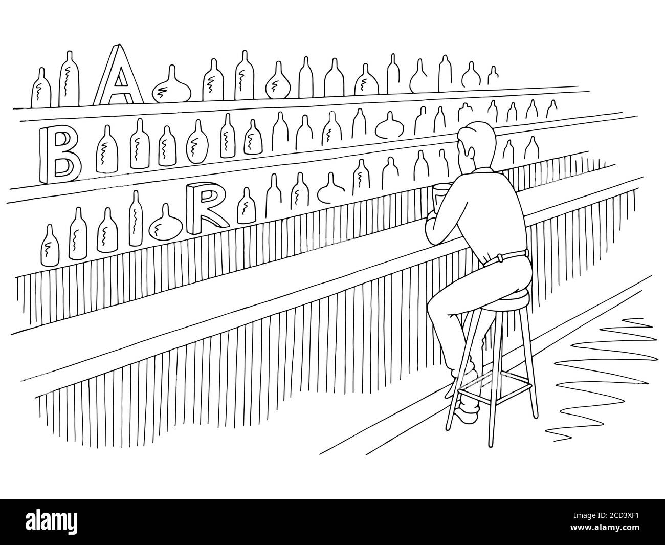 Mann sitzt in einer Bar und Bier trinken Grafik schwarz Vektor der weißen Skizzendarstellung Stock Vektor
