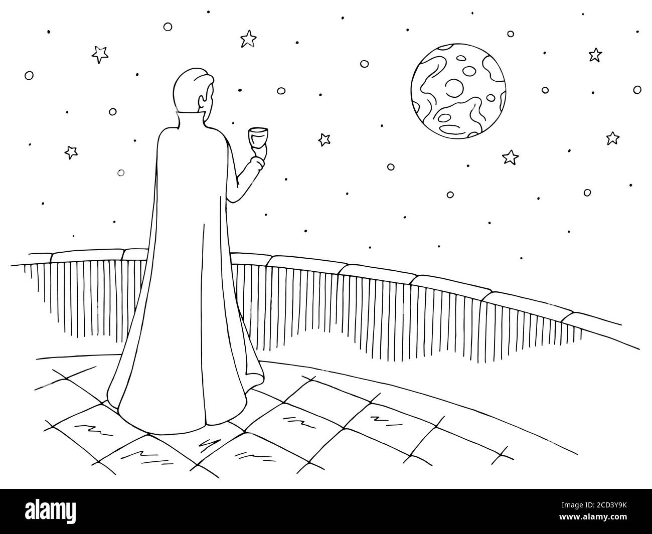 Vampir steht auf dem Balkon, trinkt aus Glas und schaut auf den Mond Grafik schwarz weiß Skizze Illustration Vektor Stock Vektor