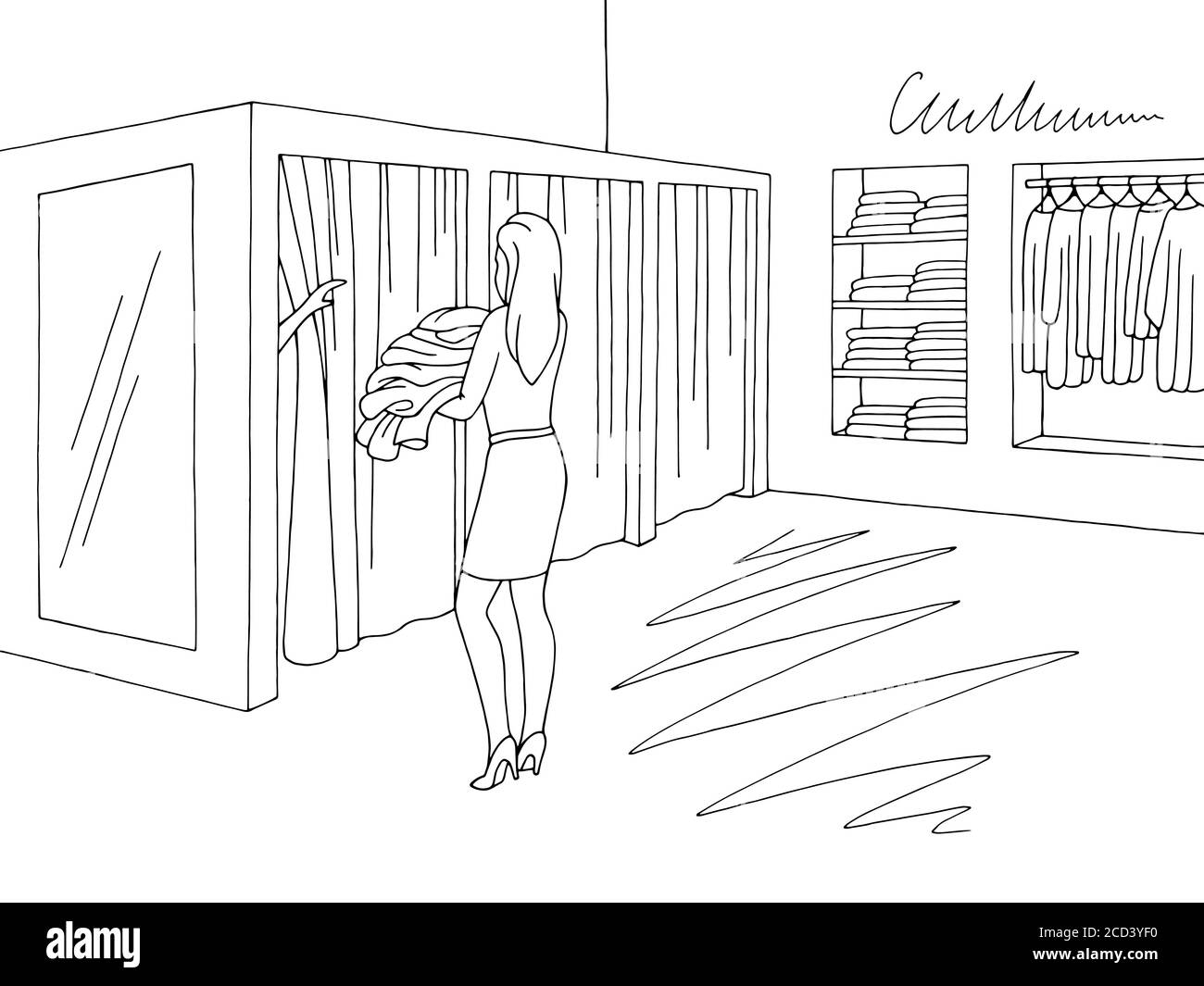 Verkäufer trägt Kleidung zum Käufer in Umkleidezimmer. Shop Interior Grafik schwarz weiß Skizze Illustration Vektor Stock Vektor
