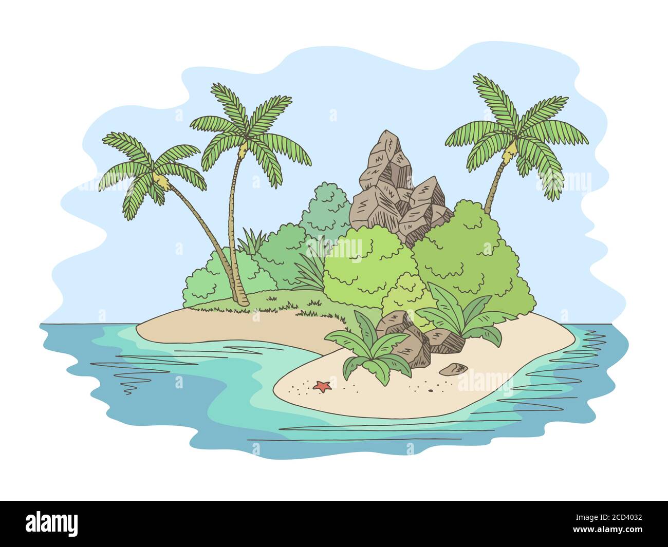 Insel Grafik Farbe Meer Landschaft Skizze Illustration Vektor Stock Vektor