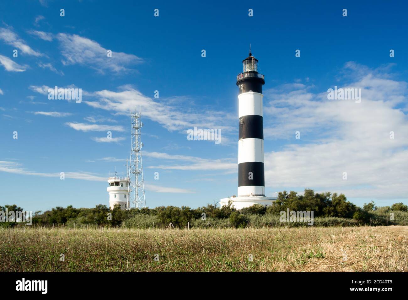 Leuchtturm mit blauem Himmel und trockenem Feld im Sommer in chassiron, Insel Oleron, Frankreich. Stockfoto