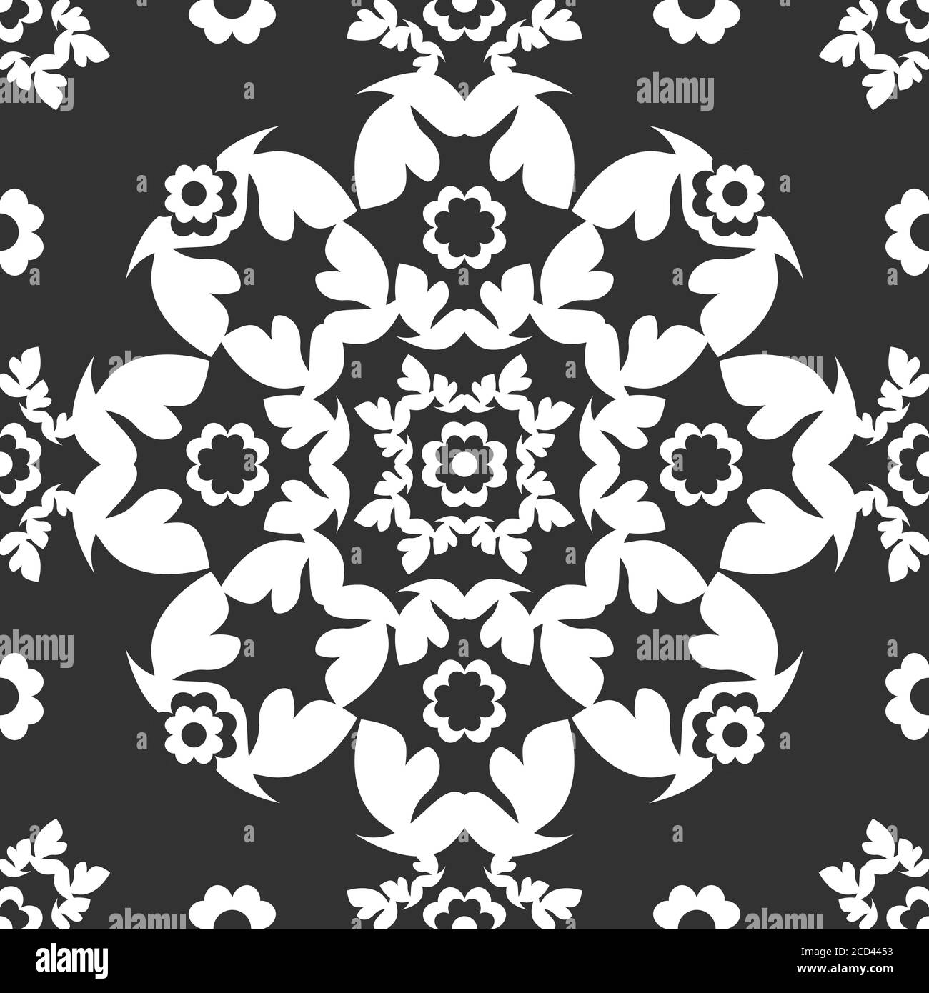 Nahtloses Muster mit Blumen und Vögeln. Monochrom. Farben Dunkelgrau und Weiß. Vektorgrafik. Stock Vektor