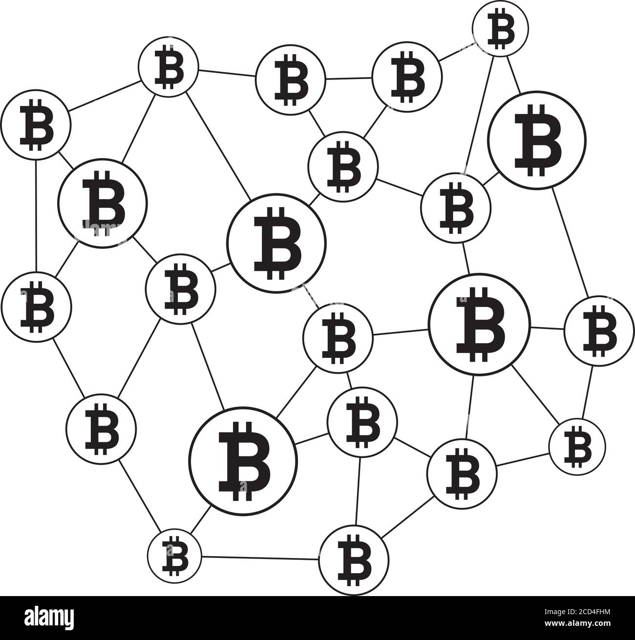 Blockchain-Struktur und Bitcoin-Symbol. Vektordarstellung Illustration und Symbole. Stock Vektor