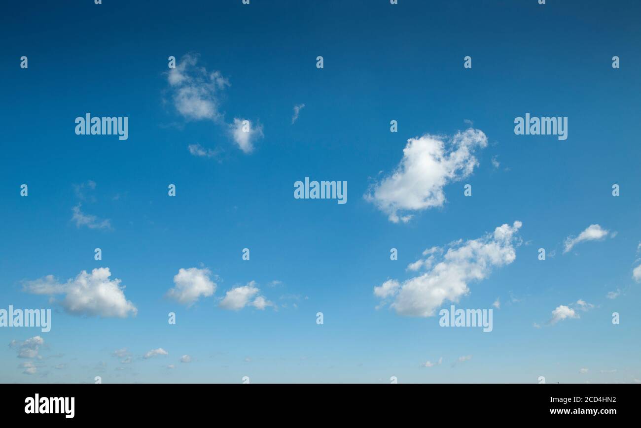 Idyllischer blauer Himmel mit weißen, flauschigen Wolken Stockfoto