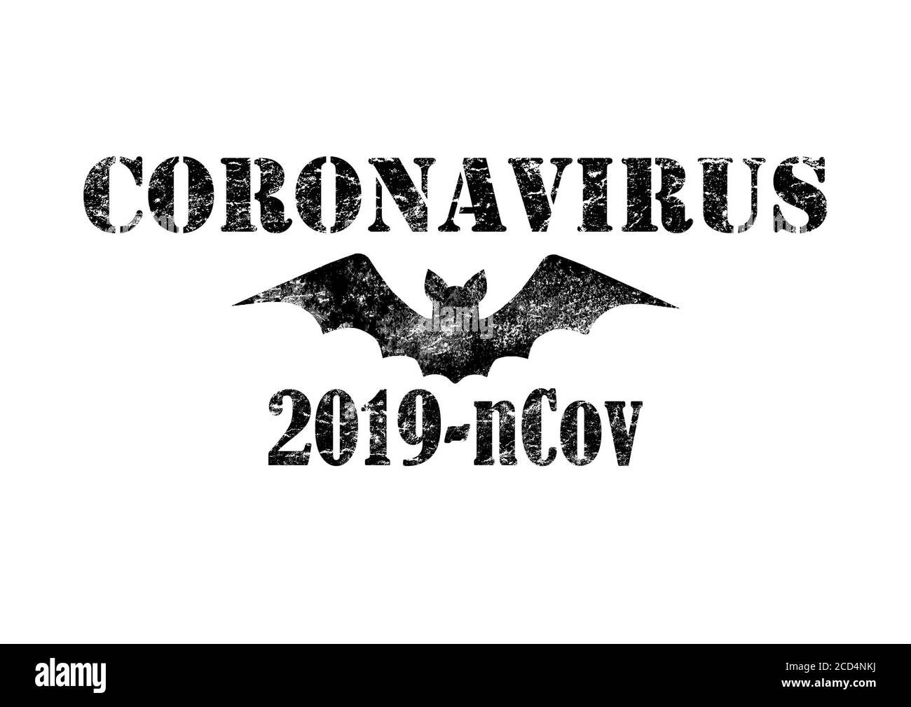 Coronavirus 2019-nCoV schwarzer Schriftzug mit handgezeichneter Fledermaus isoliert auf weißem Hintergrund. Gefährliche respiratorische Corona-Virus, Wuhan, China. Vorlage drucken Stockfoto