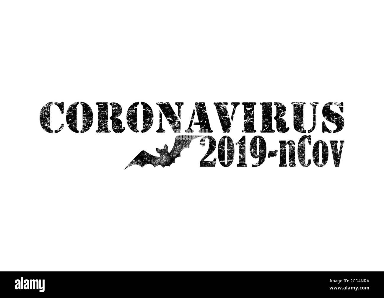 Coronavirus 2019-nCoV schwarzer Schriftzug mit handgezeichneter Fledermaus isoliert auf weißem Hintergrund. Gefährliche respiratorische Corona-Virus, Wuhan, China. Vorlage drucken Stockfoto