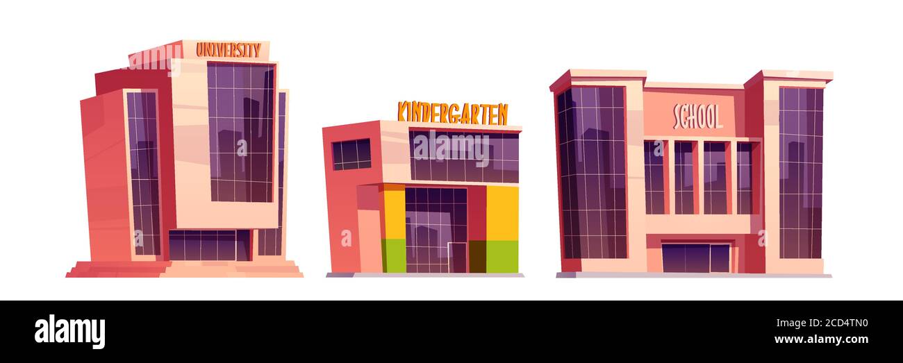 Gebäude von Schule, Kindergarten und Universität isoliert auf weißem Hintergrund. Vektor Cartoon Satz von Bildungseinrichtungen, außerhalb der Hochschule, Grund-oder Grundschule, Kindertagesstätte Stock Vektor