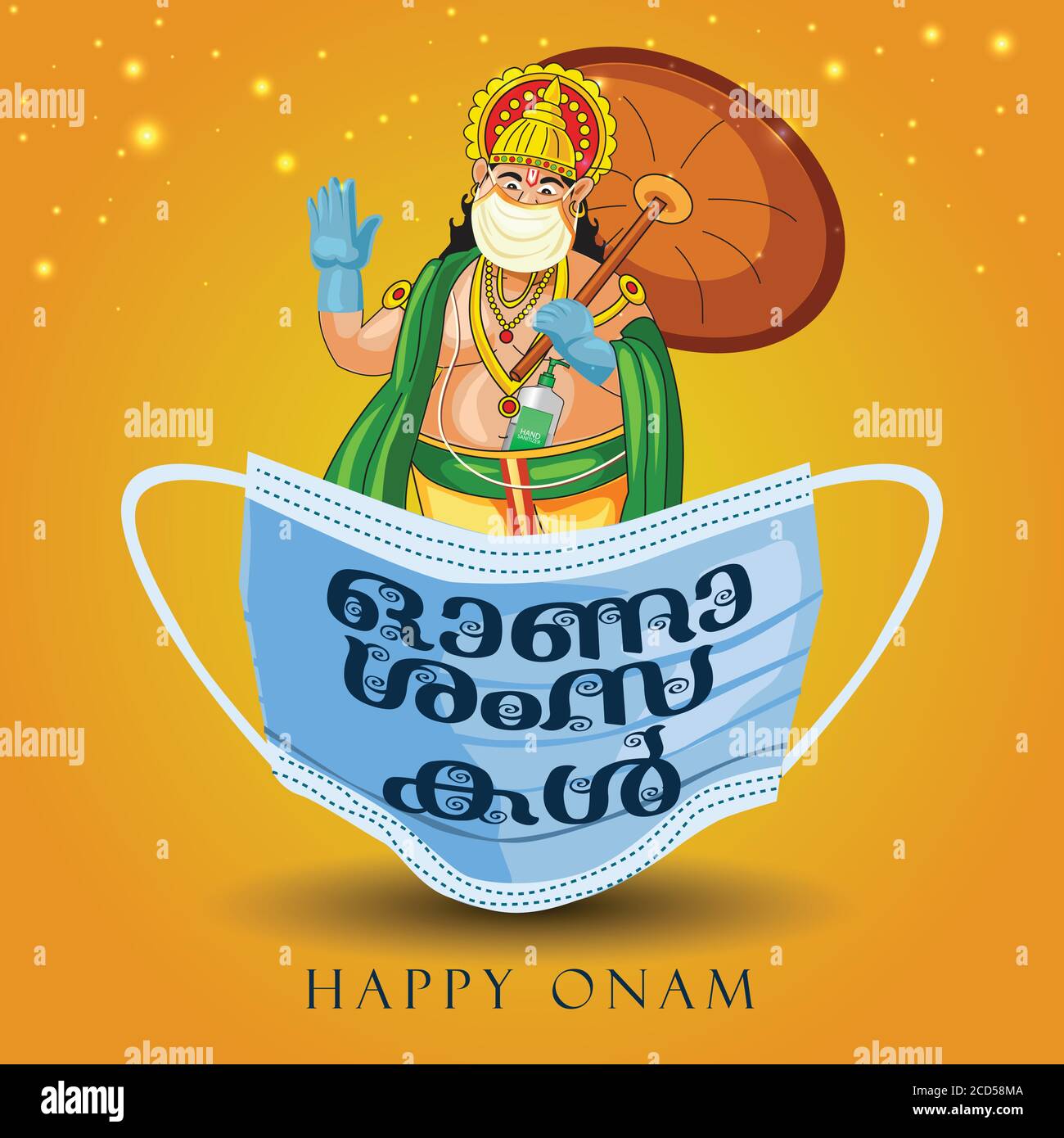 Happy onam malayalam Schriftzug mit mahabali und Gesichtsmaske. corona Virus, covid 19 Konzept. Stock Vektor